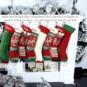 Knitted Christmas Stockings Red IVORY Green Fun Snowflake Family with Pets Cat Mouse Meow and Dog Bone Woof Knit Personalized Embroidered image 8