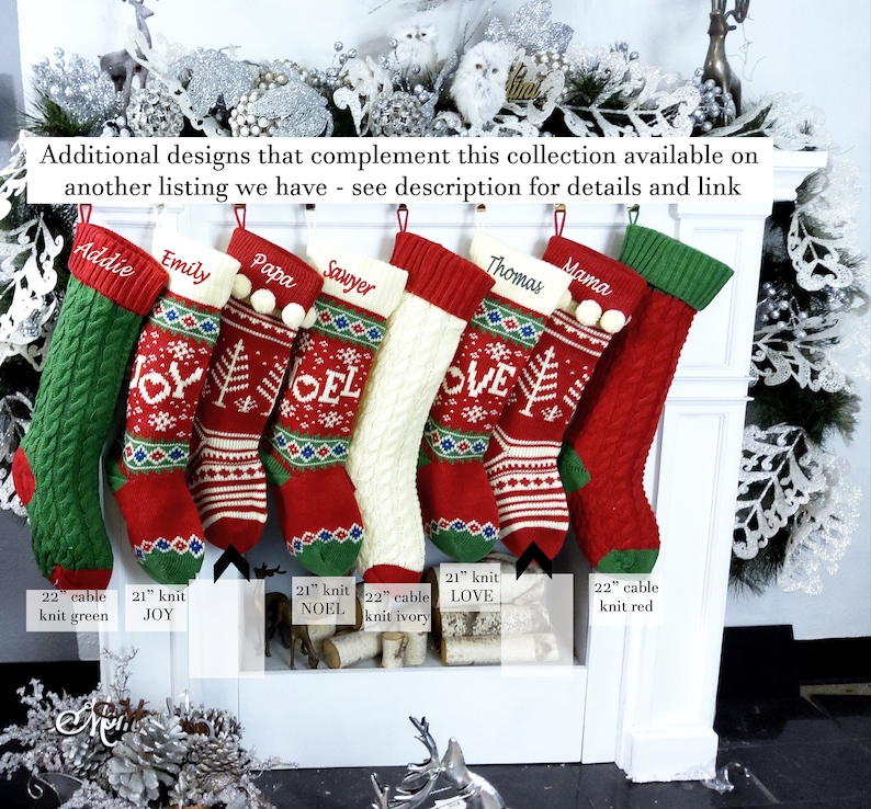 Knitted Christmas Stockings Red IVORY Green Fun Snowflake Family with Pets Cat Mouse Meow and Dog Bone Woof Knit Personalized Embroidered image 8