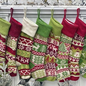 Personalized Knitted Christmas Stockings Green White Red Intarsia Fair Isle Knit Christmas Decor Deer Snowflakes Extra Large image 4