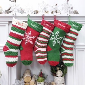 Knitted Striped Snowflake Christmas Stockings | Whimsy Candy Cane Style Festive Red Green White Xmas  Decor Personalized Embroidery Name