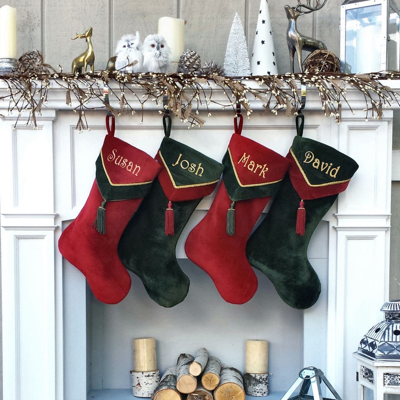 Designer Olive Velvet Christmas Stockings V-Cuff Tassel Custom Embroidered with Names image 5