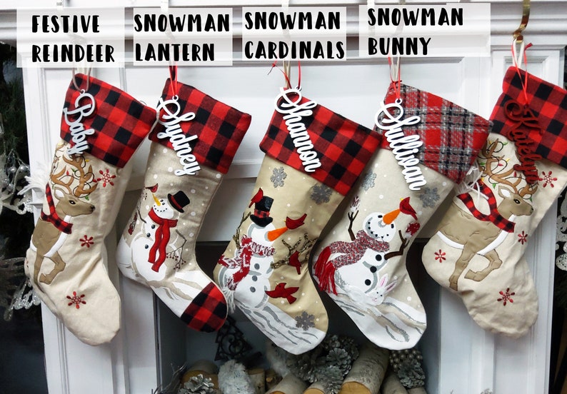 Winter Snowman & Festive Reindeer Christmas Stockings Buffalo Plaid Bunny Cardinals Fox Woodland Animals Personalized Embroidery Name Tag image 4