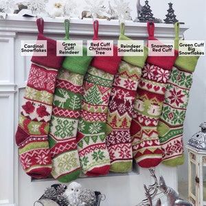 Personalized Knitted Christmas Stockings Green White Red Intarsia Fair Isle Knit Christmas Decor Deer Snowflakes Extra Large image 5