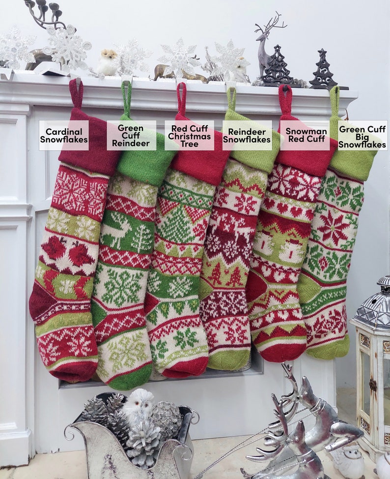 Personalized Knitted Christmas Stockings Green White Red Intarsia Fair Isle Knit Christmas Decor Deer Snowflakes Extra Large image 5