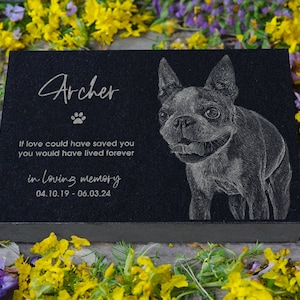 May include: A black granite pet memorial stone with the name "Archer", a paw print, and the inscription "If love could have saved you, you would have lived forever, in loving memory". A detailed engraving of a dog is on the right.