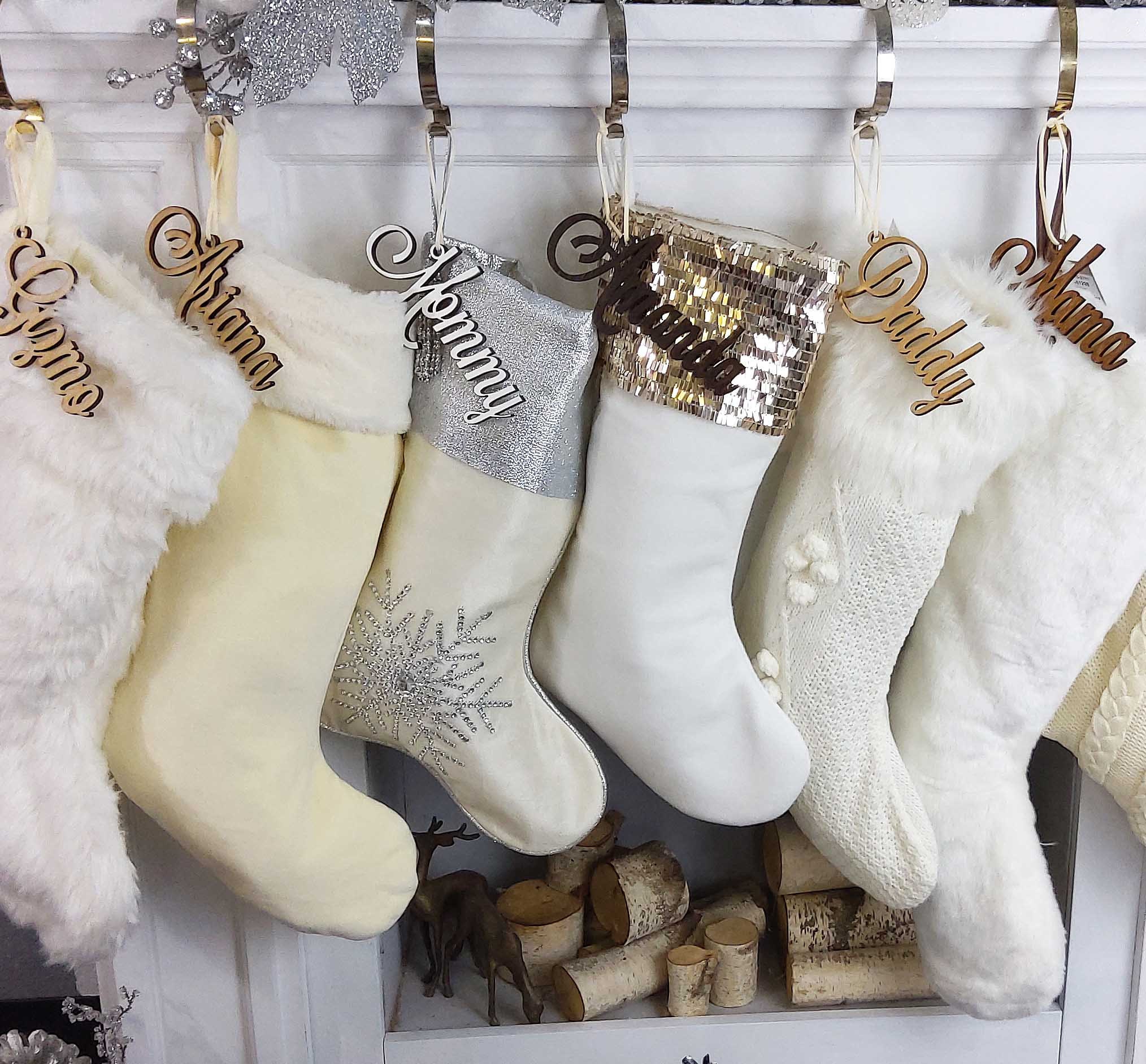 Personalized Christmas Stockings Boho Wooden Name Tags – PaisleyGroveGIFTS
