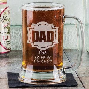 DADDY 16 Oz Gifts for DAD Fathers Day Beer Mug Engraved Father's Day Gift Idea Personalized Glass Etched Father Grandpa Kids Birth Dates