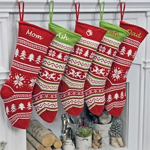 Fair Isle Personalized 19" Knitted Christmas Stockings Intarsia Red Green White Knit Modern Christmas Family Stockings for Holidays