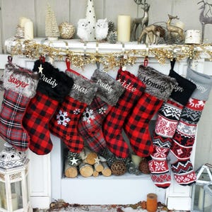 Buffalo Check Plaid Red Grey Black Faux Fur Intarsia Knit Personalized Christmas Stockings Family Xmas