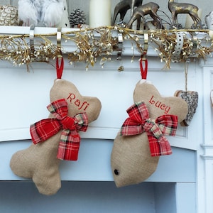 Hond bot - kat vis huisdier kerstsokken buffel geruite strik en jute kerst gepersonaliseerd vakantie aangepast geborduurd met naam