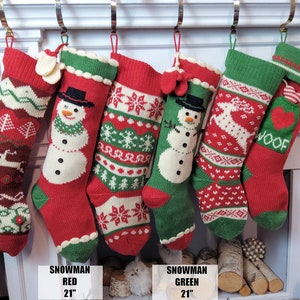 Knitted Christmas Stockings Red IVORY Green Fun Snowflake Family with Pets Cat Mouse Meow and Dog Bone Woof Knit Personalized Embroidered image 2