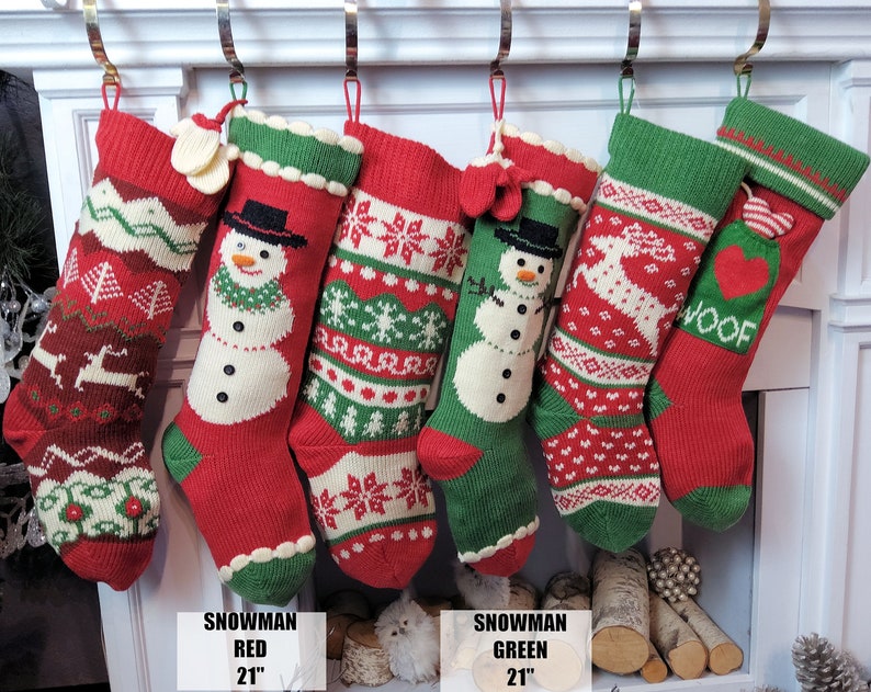 Knitted Christmas Stockings Red IVORY Green Fun Snowflake Family with Pets Cat Mouse Meow and Dog Bone Woof Knit Personalized Embroidered image 2