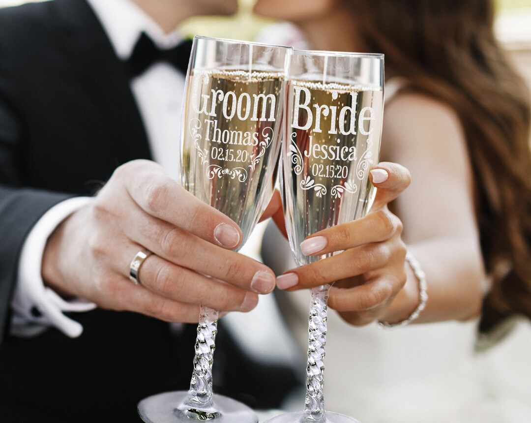 Bridal Shower Personalized Bride Groom Flutes Set of 2 Vow Renewal Future Mr Mrs Wedding
