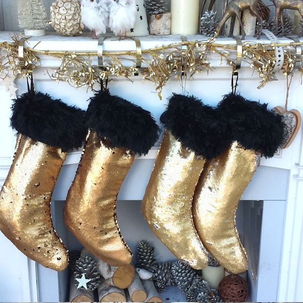 Gold Sequin Glamour & Glitz Bling Christmas Stocking - Gold to Black or Gold to Silver Reversible Sequins Christmas Decor