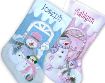 Children's Large Christmas Snowman Personalized stocking with Melting Ice Cuff