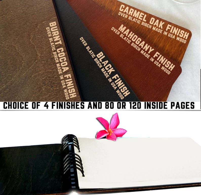 Puede incluir: Un diario de madera con encuadernaci&oacute;n en espiral negra, abierto para revelar p&aacute;ginas blancas en blanco. Las opciones de cubierta incluyen acabados Burnt Cocoa, Black, Mahogany y Carmel Oak. El texto dice "Elecci&oacute;n de 4 acabados y 80 o 120 p&aacute;ginas interiores."