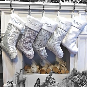 D3 Personalised Embroidered Silver Deluxe Christmas Stockings Snowflakes D3 Personalised Embroidered Silver Deluxe Christmas Stockings Snowflakes