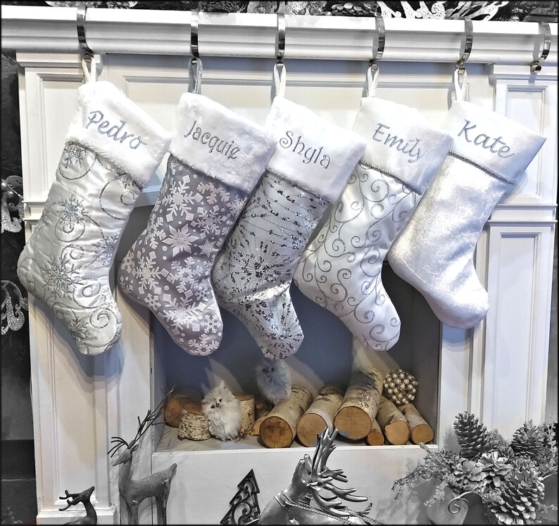 Personalized Elegant Silver White Christmas Stockings Etsy