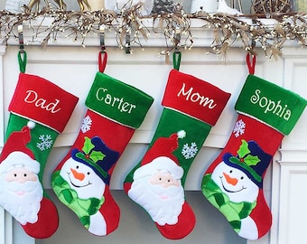 Happy Snowman Embroidered Christmas Stockings - Santa Personalized, Monogram Name Personalized Stockings for Kids Festive Red White Green