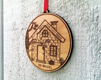 Our First Home Christmas Ornament First House Ornament Personalized Christmas Ornament Engraved with Family Names and Initials Wood Ornament