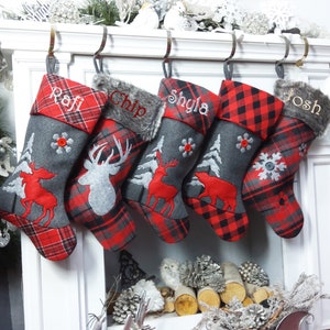 Buffalo Check Christmas Plaid Red Grey Black Faux Fur Flannel Personalized Christmas Stockings Family Xmas 2023