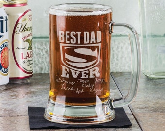 SHIPS FAST FathersDay Best DAD Beer Mug 16 Oz  Engraved Father'sDay Birthday Gift Super Dad with Kids Name Gift for Dad,Daddy,Father,Grandpa