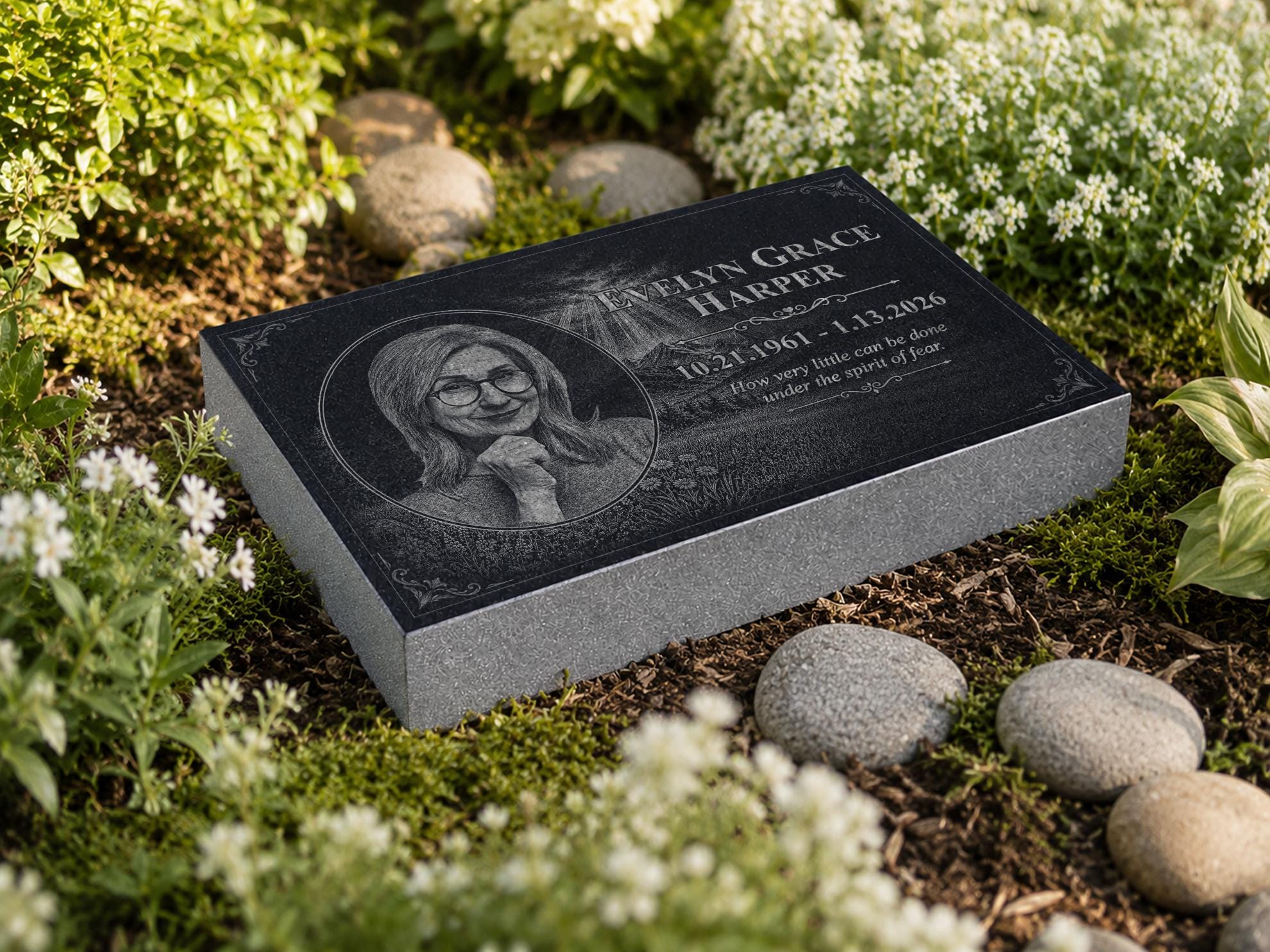 Memorial Stone for Wife with Photo, Personalized Woodland Grave Marker, Custom Black Granite Headstone