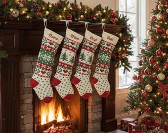 Puede incluir: Cuatro calcetines navideños cuelgan sobre una chimenea. Cada calcetín crema presenta patrones rojos y verdes y los nombres "Nana", "Mom", "Dad" y "Pup". Un árbol de Navidad decorado se ve al fondo.