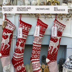 Knit Christmas Stockings Red White Reindeer or Snowflake Design Scandinavian Nordic Modern Holiday Theme Minimalist Look Custom Long image 3