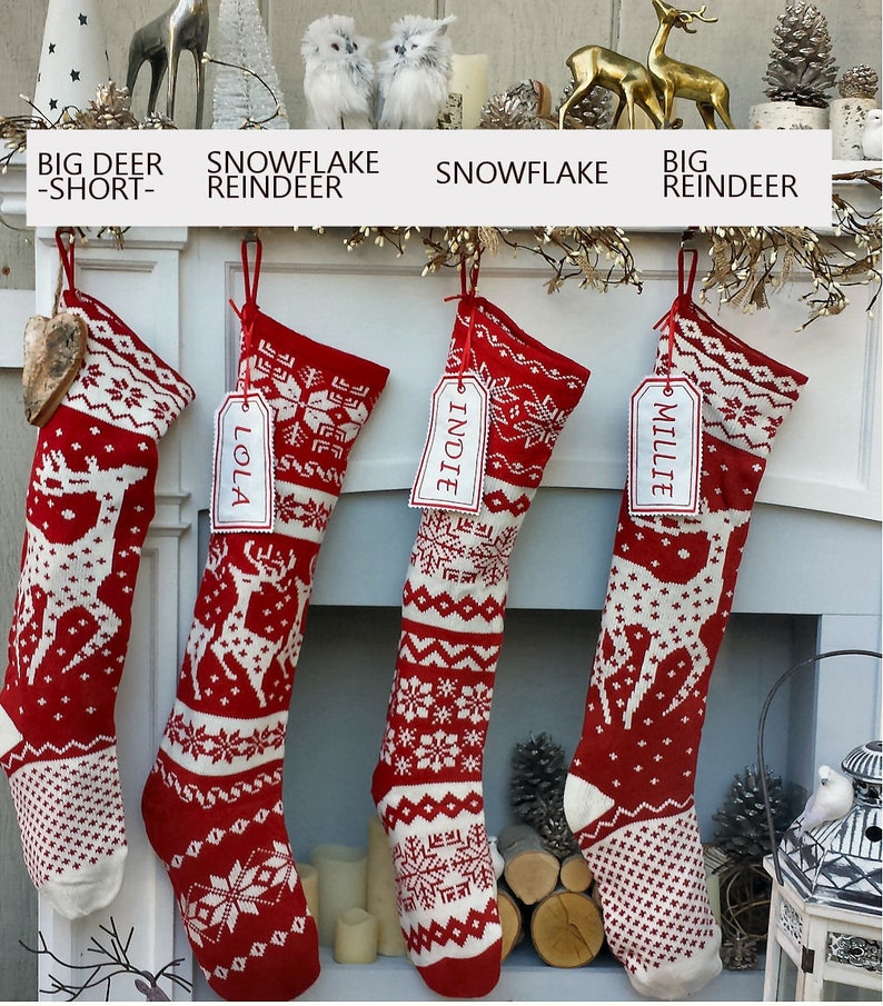 Knit Christmas Stockings Red White Reindeer or Snowflake Design Scandinavian Nordic Modern Holiday Theme Minimalist Look Custom Long image 3