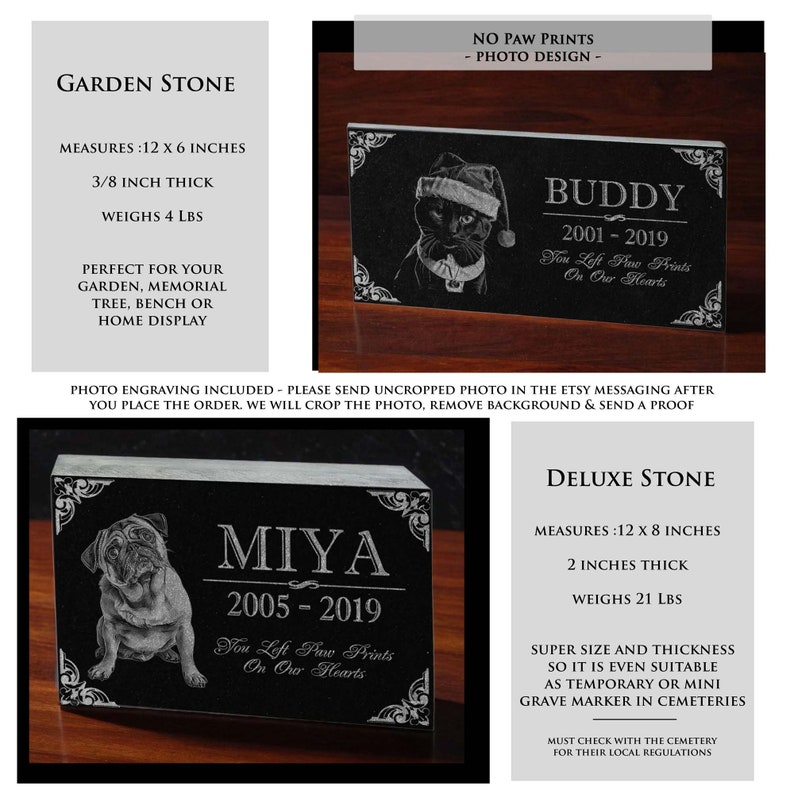 Personalized Dog Memorial Cat Memorial Granite Stone Pet Grave Marker Engraved In Memory of Headstone Custom Engraved Garden Memorial Stone No Paws + Photo