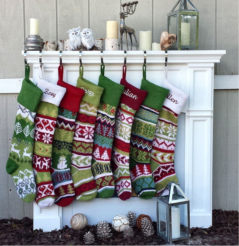 Personalized Knitted Christmas Stockings Green White Red Intarsia Fair Isle Knit Christmas Decor Deer Snowflakes Extra Large