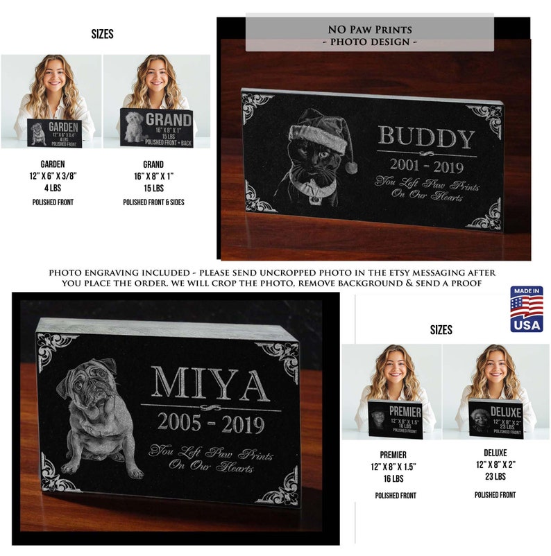 Personalized Dog Memorial Cat Memorial Granite Stone Pet Grave Marker Engraved In Memory of Headstone Custom Engraved Garden Memorial Stone No Paws + Photo
