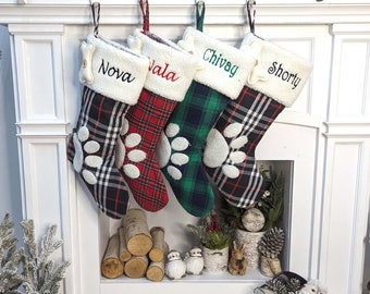 Buffalo Plaid Paw Dog Puppy Stockings Personalized with Pet's Name