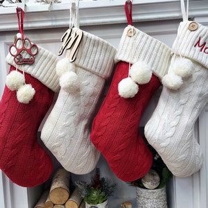 21" Personalized Red and Ivory Cable Knit Button w/ Pom Poms Christmas Stocking with Custom Name Embroidered |  Home Decor