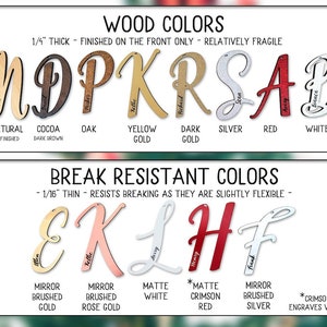 Puede incluir: Una exhibici&oacute;n de letras de madera y resistentes a la rotura en varios colores. Las letras de madera tienen 0,64 cm de grosor e incluyen natural, cacao, roble, oro amarillo, oro oscuro, plata, rojo y blanco. Las letras resistentes a la rotura tienen 0,16 cm.