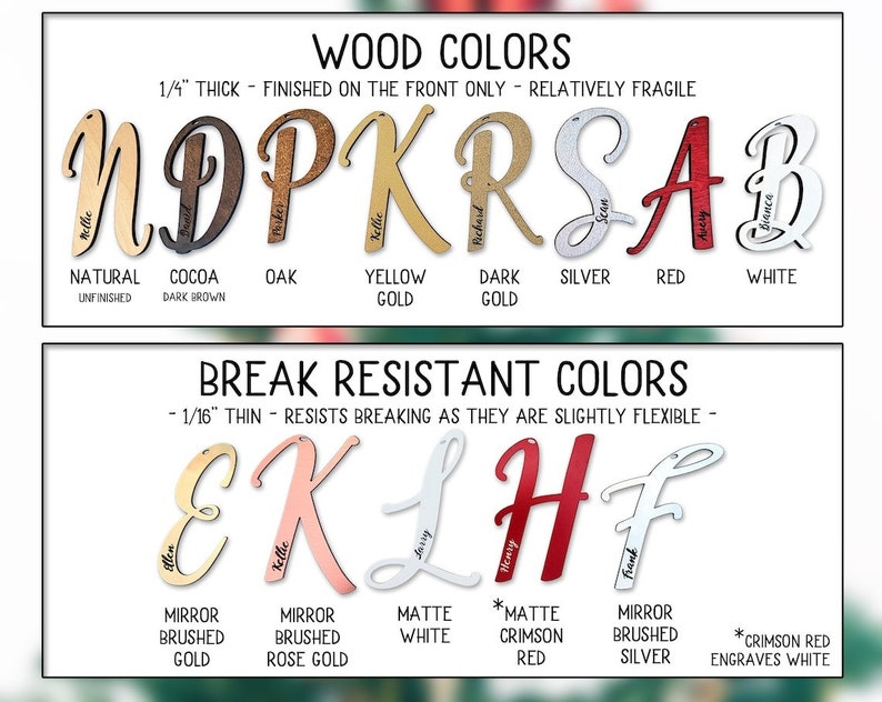 Puede incluir: Una exhibici&oacute;n de letras de madera y resistentes a la rotura en varios colores. Las letras de madera tienen 0,64 cm de grosor e incluyen natural, cacao, roble, oro amarillo, oro oscuro, plata, rojo y blanco. Las letras resistentes a la rotura tienen 0,16 cm.