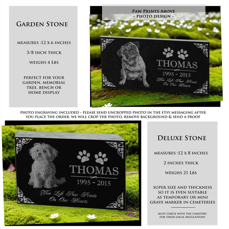 Personalized Custom Granite Dog Cat Memorial Headstone Waterproof Pet Cemetery Marker with Photo Plaque for Outdoor Garden Stepping Stone Paws Above + Photo