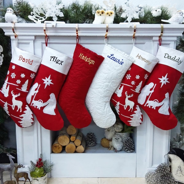 Nativity Christmas Stocking Red and White Scarlett Ruffle Chain Stitched Embroidered or Cutout Name Tag Christmas Stockings Silent Night