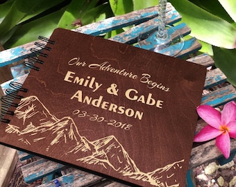 Our Adventure Begins Just Married Wedding Wooden Guest Book Unique Rustic Engraved GuestBook Bridal Shower Gift for Bride Groom Photo Album