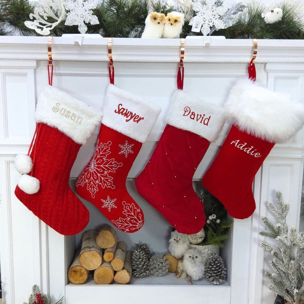 Traditional Red with Faux Fur Christmas Stockings Personalized Embroidered or Christmas Name Tags Matching Set Family Kids Adults Men Women