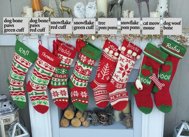 Knitted Christmas Stockings Red IVORY Green Fun Snowflake Family with Pets Cat Mouse Meow and Dog Bone Woof Knit Personalized Embroidered image 7
