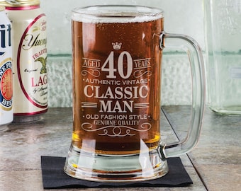 40th Birthday Classic Man 16Oz Beer Stein Mug Engraved Present for Him Gift Idea Etched Funny 40 Birthday from Son Daugther Father Present