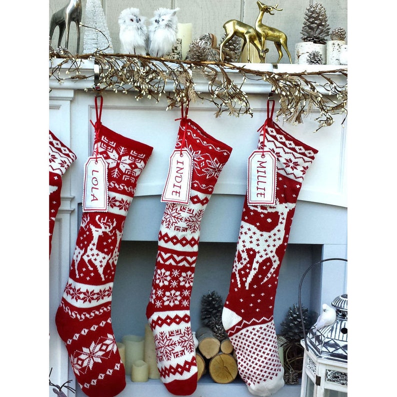 Knit Christmas Stockings Red White Reindeer or Snowflake Design Scandinavian Nordic Modern Holiday Theme Minimalist Look Custom Long image 4