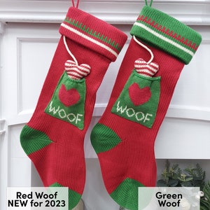 Knitted Christmas Stockings Red IVORY Green Fun Snowflake Family with Pets Cat Mouse Meow and Dog Bone Woof Knit Personalized Embroidered image 5