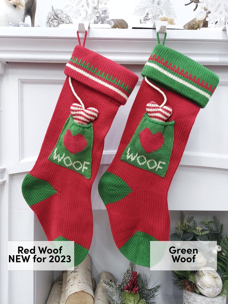 Knitted Christmas Stockings Red IVORY Green Fun Snowflake Family with Pets Cat Mouse Meow and Dog Bone Woof Knit Personalized Embroidered image 5