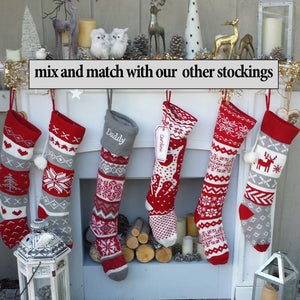 Personalized Large 28 Knitted Christmas Stockings Red Grey White Intarsia Fair Isle Nordic Modern Christmas Stockings for Holidays image 8