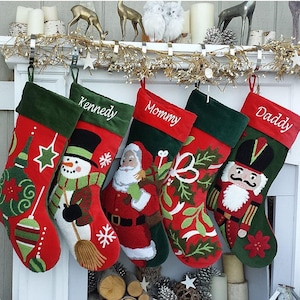 Whimsical Nutcracker Cute Snowman Santa Tufted Velvet Children&#39;s Christmas Stockings Embroidered and Personalized with Names Family Heirloom