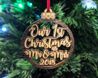 Our 1st Christmas as Mr Mrs Tree Ornament Wedding Favor for Bride Groom Newlyweds Couples First Christmas New House GIft Idea Engraved Wood