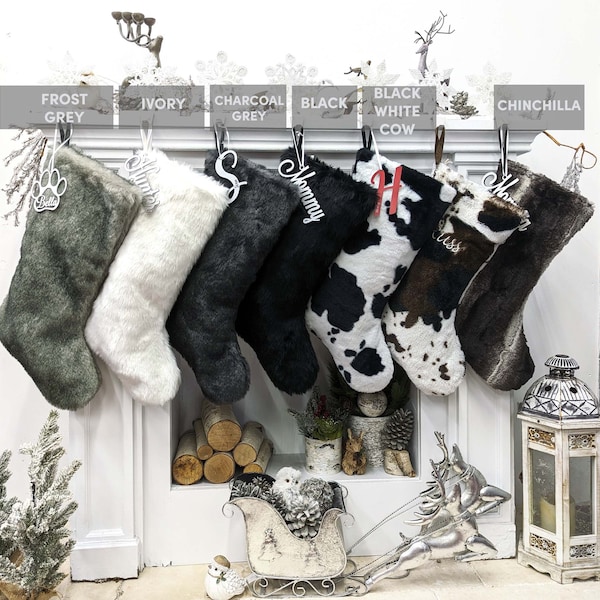 22" Faux Fur Christmas Stockings | Personalized Monogram Fur Boot Xmas Stocking Luxe Decor Mink Black Silver Grey Brown